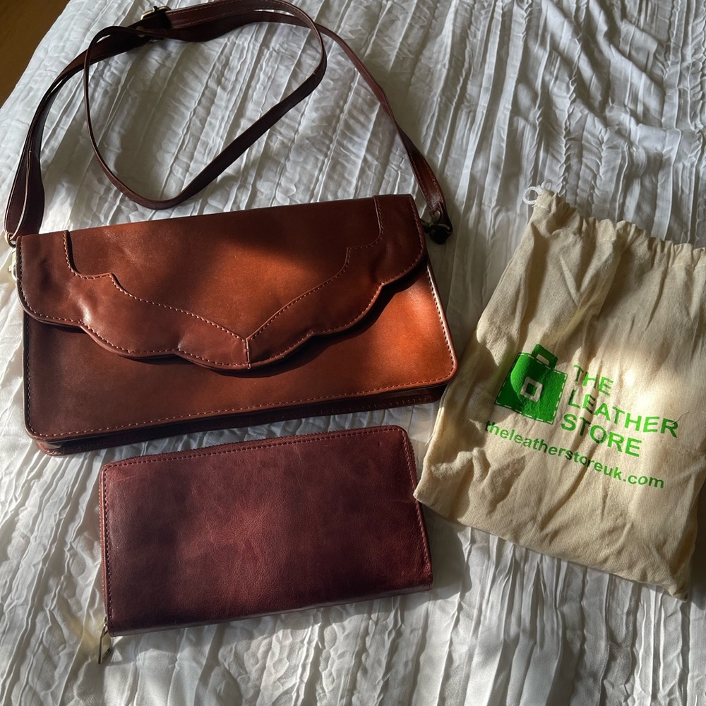 The leather store, handmade tan leather clutch purse and wallet